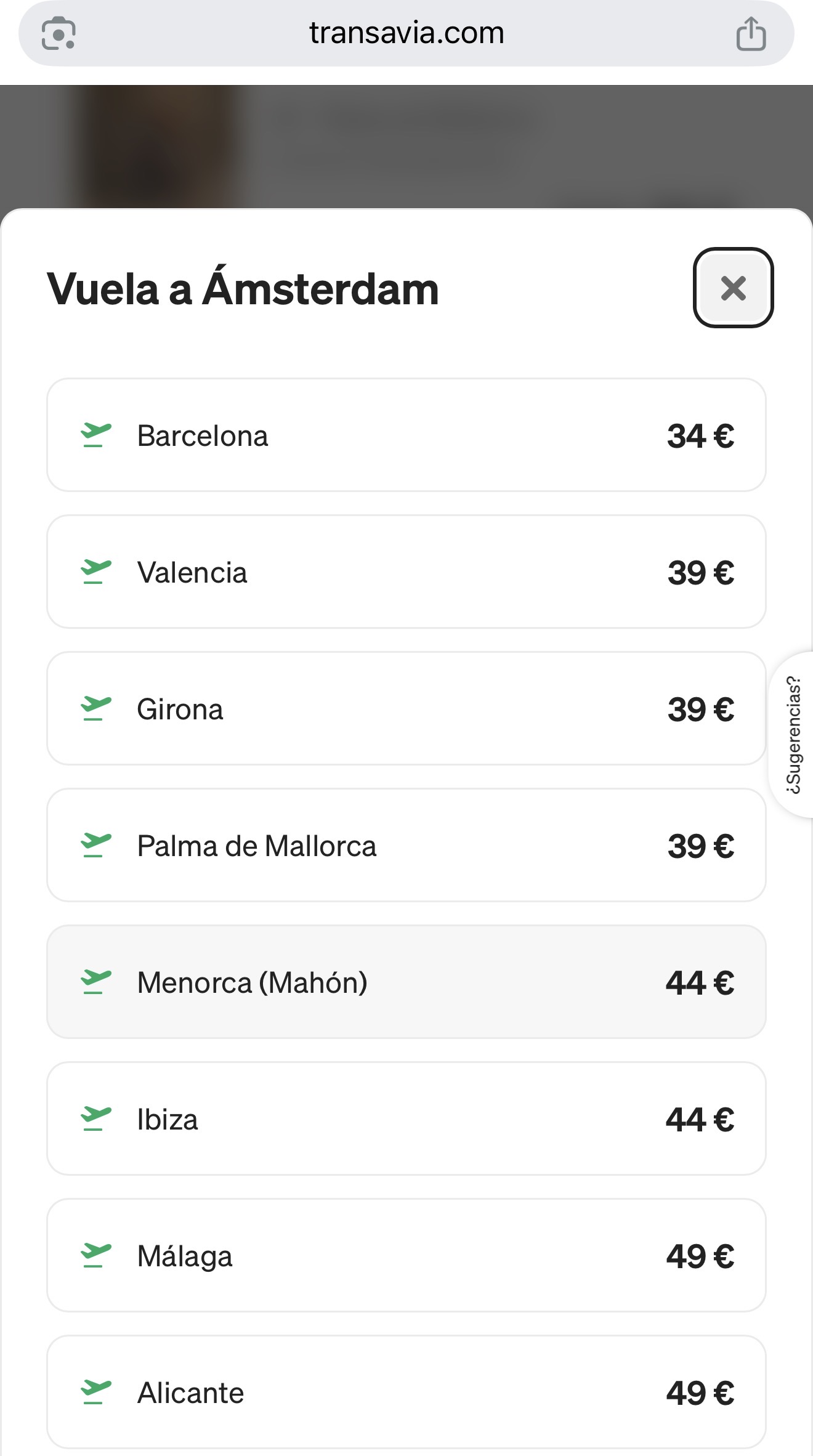 Captura del precio de Transavia: vuelos a Amsterdam desde 34€ — múltiples salidas