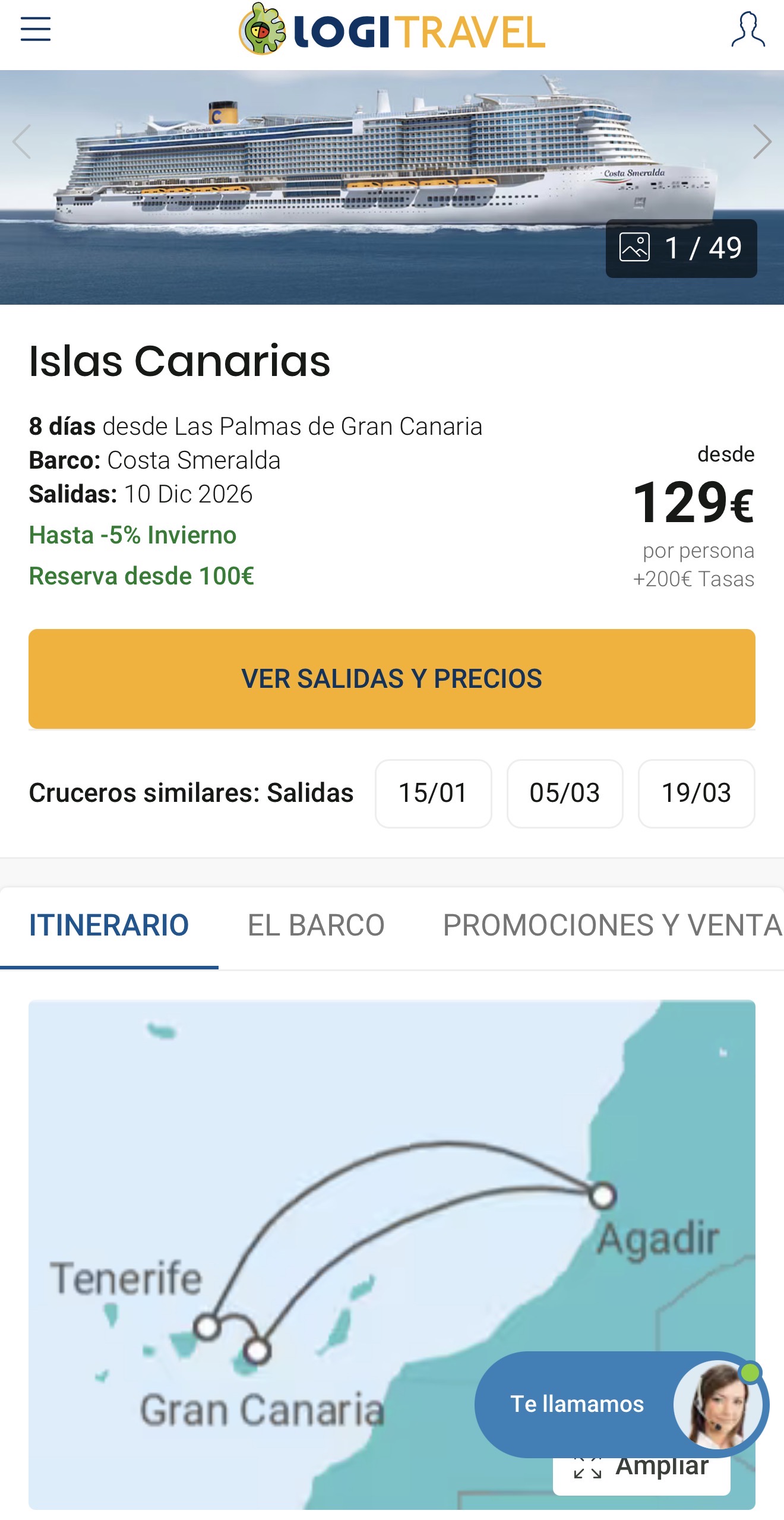Captura del precio de Crucero Canarias 7 noches: 329€ con tasas(sin vuelo)