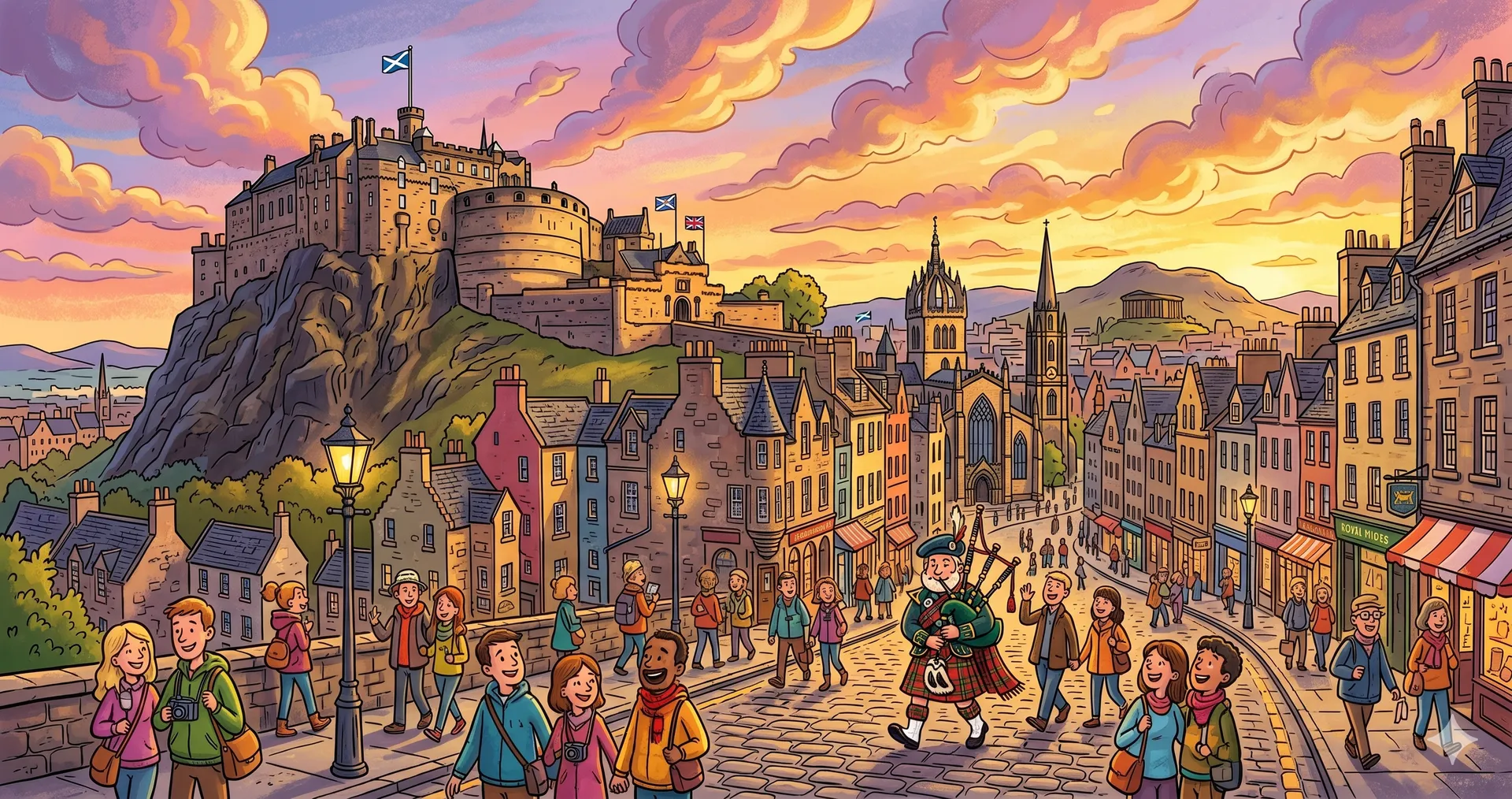 Guía de Edimburgo 2026 - Turista peleando con su paraguas mientras un gaitero sonríe