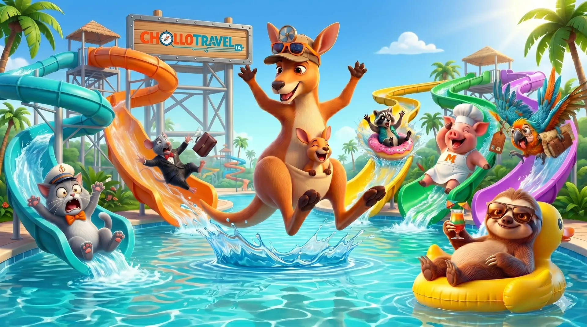 Los 8 personajes de CholloTravel (canguro, mapache, gato, loro, perezoso, pulpo, marrana, rata) tirándose por toboganes en un parque acuático